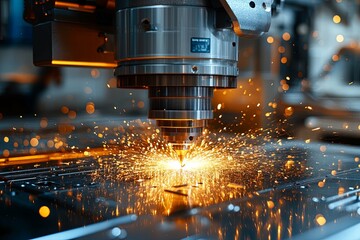 A close up of industrial laser cutting machinery in action
