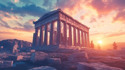 Fototapeta premium Ancient temple ruins stand majestically under an orange sunset sky