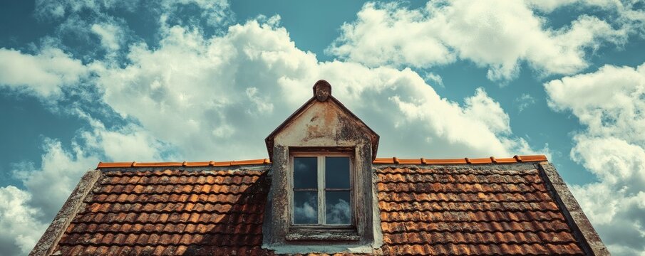 A weathered roof with a dormer and cloudy blue sky above