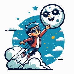 cartoon vector illustration of a person reaching for the moon