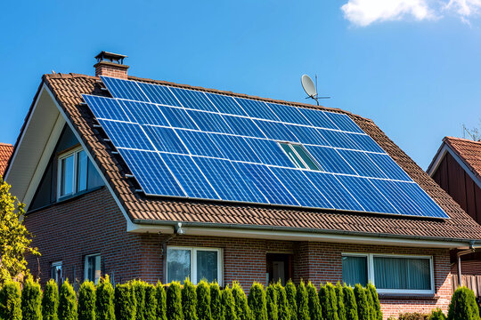 A green-powered suburban home with rooftop solar panels exemplifies modern sustainable living.