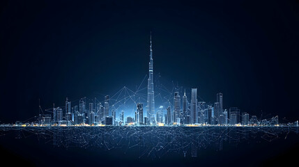Fototapeta premium Panoramic Futuristic Blue Cityscape With Illuminated Skyscrapers And Network Connections Reflected In Water At Night