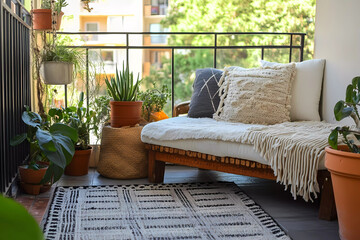 An inviting home with a textured rug and balcony plants exudes a harmonious blend of style and nature.