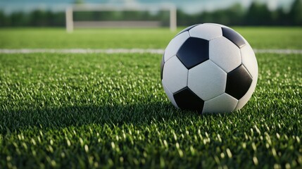 Soccer ball on green field, goal in background.