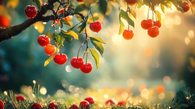 Ripe cherries on branch, orchard sunrise, food blog