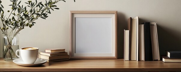 A cozy desktop scene featuring books a cup and a frame
