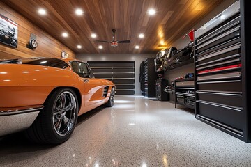 An elegant garage showcases a vintage orange sports car inside