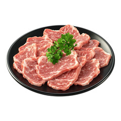 A generous arrangement of thinly sliced raw marbled beef sits ready for grilling on a sleek black plate garnished with fresh parsley isolated on.