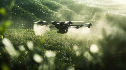 Fototapeta premium Drone Spraying Pesticide Over Lush Green Field in Bright Light