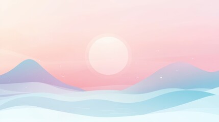 Minimalist Pastel Landscape with Hills and Sunset, Vector Illustration.