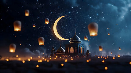 Naklejka premium Pixelated night scene with glowing lanterns crescent moon building and starry sky