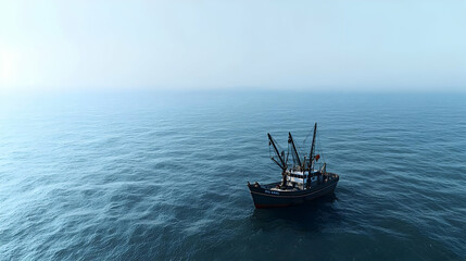 Obraz premium Small Fishing Boat Alone On A Calm Blue Ocean Under A Misty Sky On A Serene Morning With Gentle Waves