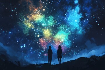 Fototapeta premium Couple silhouetted against a vibrant, colorful night sky filled with nebulae and stars.