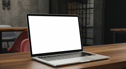 Fototapeta premium A stylish, modern laptop with a white blank screen, set on a coworking space table with an industrial-style background. The shot is slightly angled for a dynamic and realistic look