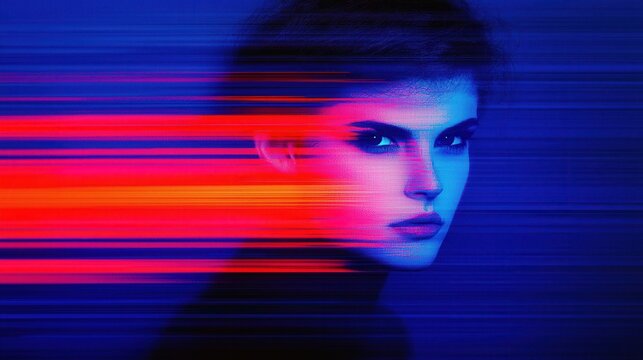 Portrait of a Woman with Colorful Light Motion Blur and Bright Neon Effects