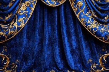 Luxurious Royal Blue Velvet Curtain with Ornate Gold Embroidery