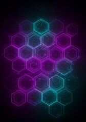 Fototapeta premium Hexagonal Kikkōmon pattern redesigned as a glowing cyber honeycomb structure, resembling an advanced digital network, with neon purple and cyan pulses forming a futuristic security aesthetic.