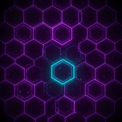 Hexagonal Kikkōmon pattern redesigned as a glowing cyber honeycomb structure, resembling an advanced digital network, with neon purple and cyan pulses forming a futuristic security aesthetic.