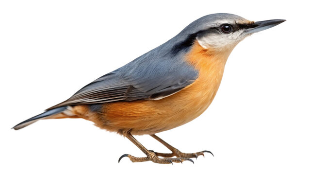 Single Eurasian nuthatch (Sitta europaea). The bird's smooth blue-gray plumage, contrasted with its warm orange underbelly and distinct black eye stripe. PNG file - Powered by Adobe