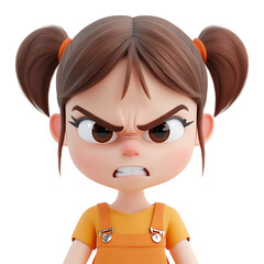 Obraz premium An angry 3D cartoon girl with brown pigtails shows strong frustration against a pure transparent background for emotive advertising design.