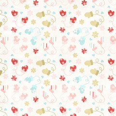Cute seamless winter pattern with mittens, hearts and snowflakes on a cream background, perfect for Christmas wrapping paper, cozy holiday cards, kids fabric and seasonal designs.