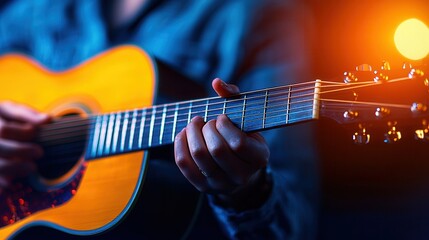 Obraz premium Person Playing Acoustic Guitar in Soft Lighting Creating a Relaxing Atmosphere