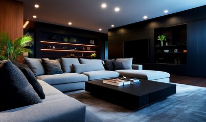 Modern living room interior design with large sofa & minimalist home decor