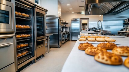 Pastries baking in modern kitchen ovens; food preparation and cafe background