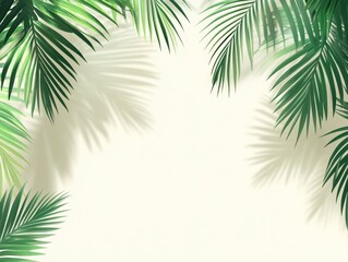 Lush Green Palm Leaves Frame on Pale Background with Shadow, Tropical Mockup.