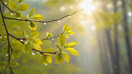 Fresh Raindrops on Green Leaves 