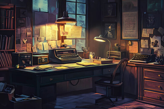 In a detective&rsquo;s office, private-eye puzzles and clues hint at mysteries waiting to be unraveled, combining vintage charm with intrigue.