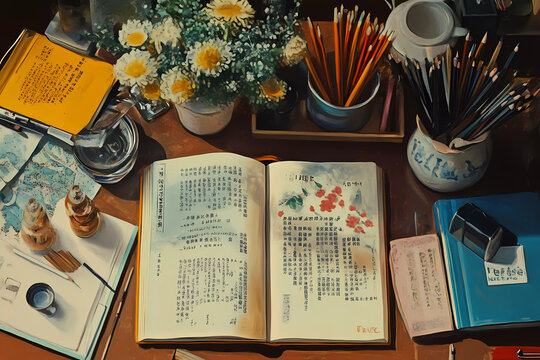 School supplies and textbooks arranged on a desk in a flat lay style capture the essence of academic life, blending organization with creative potential.
