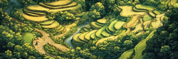 Obraz premium Artistic Aerial View of Lush Rice Terraces with Winding River and Tranquil Pathway.