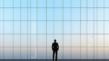Fototapeta premium Silhouette Of A Person Standing In Front Of A Large Modern Glass Window Inside A Building Reflecting Urban Exterior Light