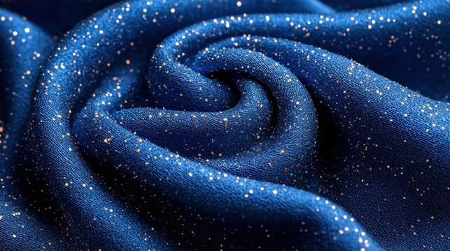 Blue fabric swirl with shimmering gold specks, textural folds create depths