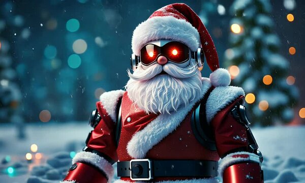 Robotic Santa Claus in Snowy Winter Scene with Festive Lights
