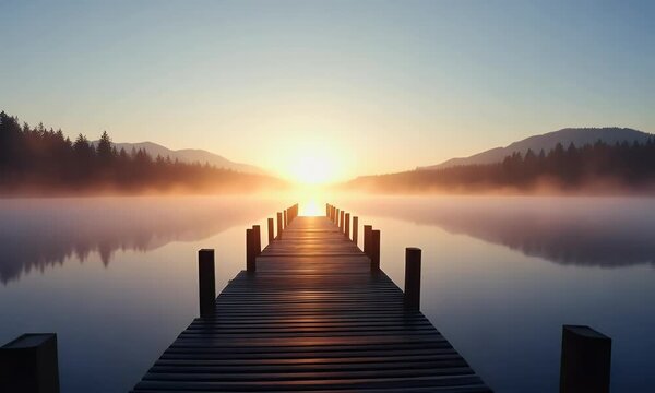 Serene Sunrise Over Misty Lake With Wooden Pier