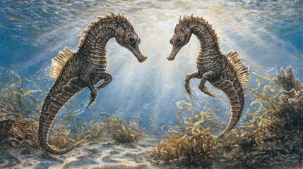 Naklejka premium Underwater Ballet: Two Majestic Seahorses