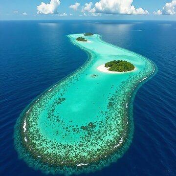 Stunning aerial perspective of Chuuk Islands showcasing vibrant coral reefs and sandy beaches, view, crystal clear water, vacation