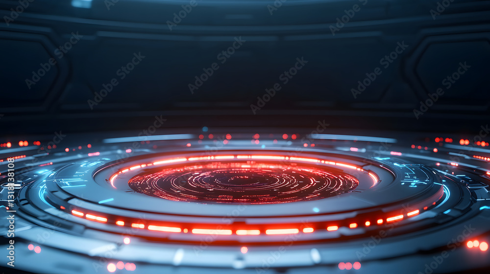 Poster a futuristic circular interface with glowing red and blue elements, set against a dark background, s