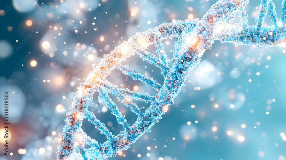 Poster A captivating digital representation of a DNA double helix, glowing amidst a backdrop of sparkling particles, symbolizing life and genetic science