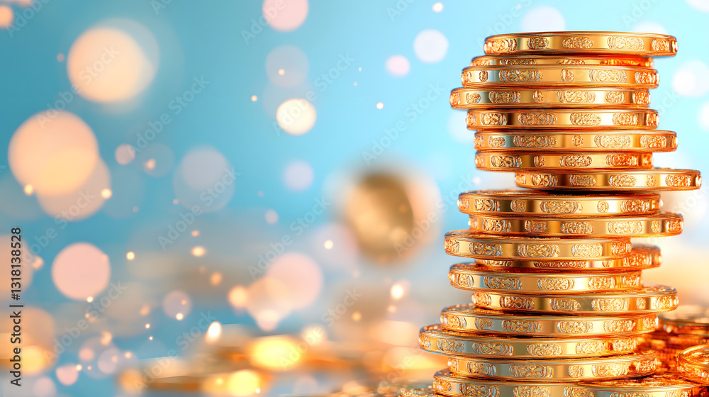 Aufkleber A stack of shiny gold coins against a blurred blue background, creating a feeling of wealth and prosperity with sparkling bokeh effects