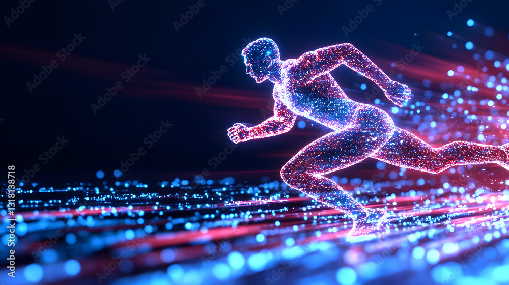 Poster a digital representation of a runner composed of glowing particles, depicting speed and motion again