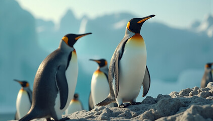 Fototapeta premium Majestic King Penguins on Rocky Outcrop with Icebergs, Antarctic Wildlife, Wildlife Photography