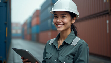 Smiling Female Engineer with Tablet Inspecting Shipping Containers in a Cargo Port, International Trade, Logistics.