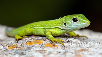 Fototapeta premium Vibrant Green Lizard on Rock Reptile Nature Wildlife Closeup