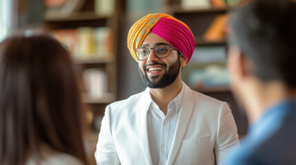 Fototapeta premium A smiling man in a vibrant turban engages in conversation with two people in a modern, well-lit interior, showcasing cultural exchange and connection