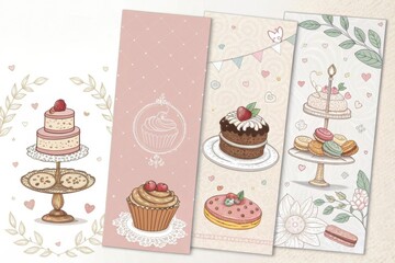 Elegant dessert-themed greeting cards with cake illustrations