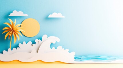 Whimsical Paper Cutout Beach Scene  Sun  Palm Tree  Ocean Waves