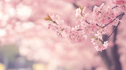 Fototapeta premium A graceful cherry blossom tree swaying gently in the spring breeze, its pink petals floating in the air, creating a peaceful and romantic atmosphere.